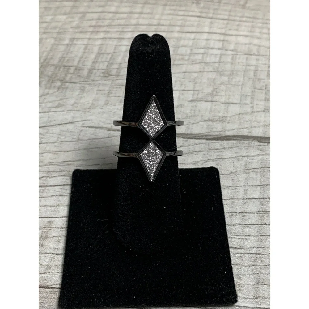 Gunmetal Double Band Geometric Diamond Glitter Statement Ring Size 8.5
